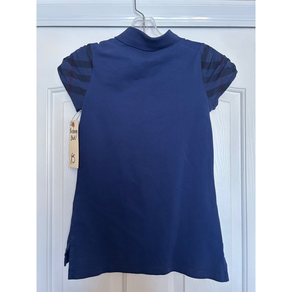 Burberry Brit Womens Navy Blue Tonal Nova Check Puff Sleeve Polo Shirt XS Sony🎬 - Picture 3 of 8